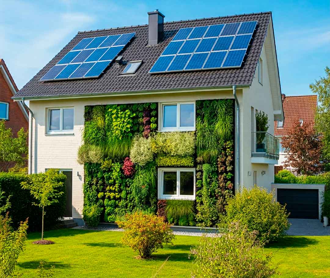 casa muy eficiente energéticamente con jardín vertical y paneles solares